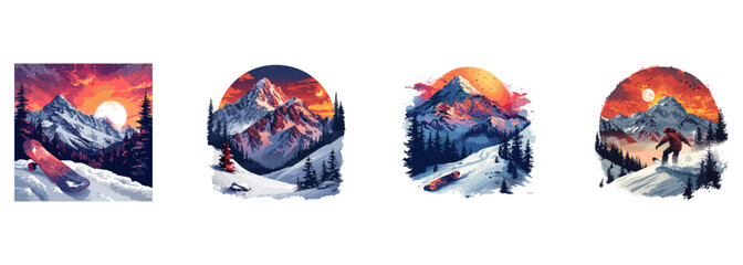 Snowboard, winter sport, mountain clipart vector illustration set