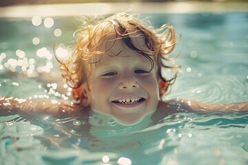 Fototapeta na wymiar Joyful child in a swimming pool on a sunny day Capturing the essence of summer fun