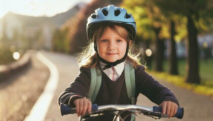 Fototapeta premium Cute little girl in bicycle helmet having fun by riding bicycle