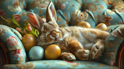 Fototapeta na wymiar Easter Bunny Relaxing on Sofa for a Holiday Postcard 