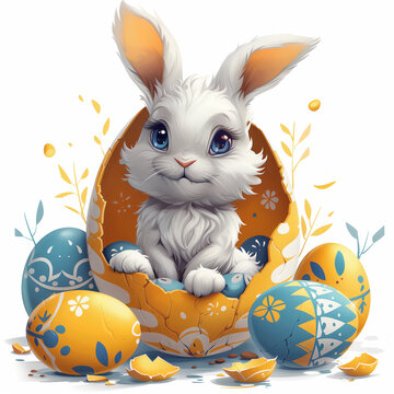 Cute Cartoon Bunny Emerging from Easter Egg Surrounded by Flowers - 3D Render
