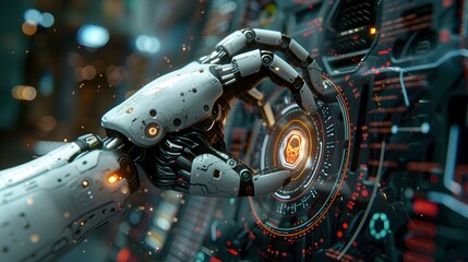 Fototapeta premium Futuristic tech concept with AI automation robotics and internet revolution symbols. Concept Futuristic Technology, AI Automation, Robotics, Internet Revolution, Symbolism