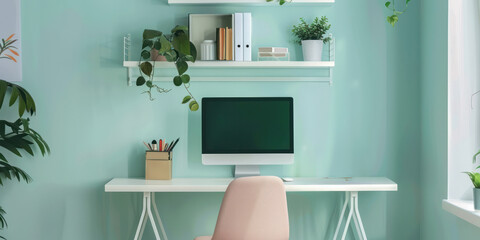 Modern Minimalist Home Office Setup, Green Vibrant Plants, Clean Workspace