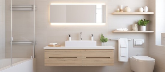 Interior of light bathroom with counters, sink and mirror.