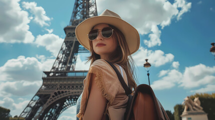 Stylish Tourist Posing in Front of the Eiffel Tower on a Sunny Day