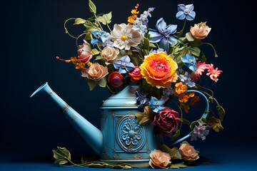 Old blue watering can with flowers