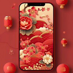 App background, Illustration style, red theme, Chinese New Year