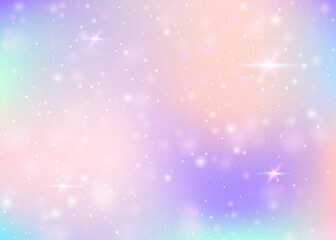 Fairy background with rainbow mesh.  Girlish universe banner in princess colors. Fantasy gradient backdrop with hologram. Holographic fairy background with magic sparkles, stars and blurs.