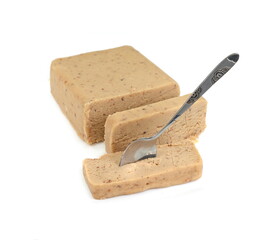 Chestnut puree isolated on white background. Chestnut puree, butter, brick. Chestnut puree bar.