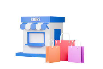 Shopping concept. Shop store building and shopping bags on isolated purple background. discount promotion sale business investment. Minimal cartoon design. banner. website. 3d rendering illustration.