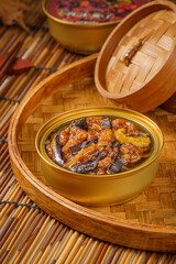 Special Chinese fast food minced pork and eggplant on simple background