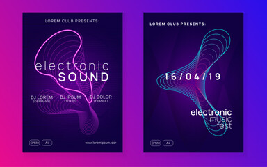 Electronic event. Trendy discotheque invitation set. Dynamic fluid shape and line. Neon electronic event. Electro dance dj. Trance sound. Club fest poster. Techno music party flyer.