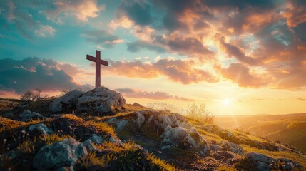 powerful message 'He is Risen' with an image of the crucifixion at sunrise, capturing the divine light and spiritual significance. - obrazy, fototapety, plakaty