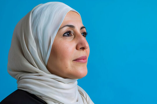 Woman in Headscarf on Blue Background