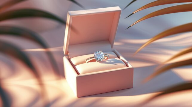 diamond engagement or wedding ring in an opened pink box with white studio lighting and leaf foreground, symbolic of love and romantic. Generative AI	

