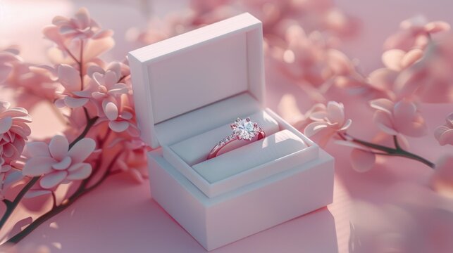 a close up photo of diamond engagement or wedding ring in an opened box with white studio lighting with pink theme flowers and background property, symbolic of love and romantic. Generative AI	
