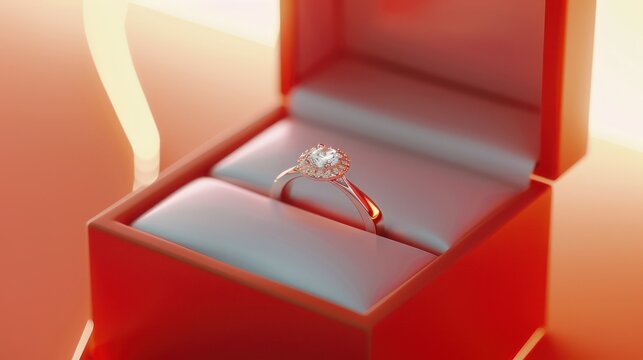 a close up photo of diamond engagement or wedding ring in an opened box with white studio lighting with orange theme background, symbolic of love and romantic. Generative AI	
