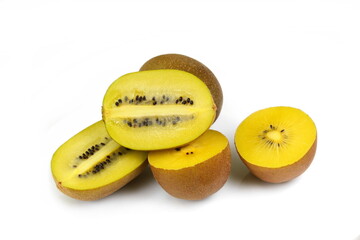Whole and cut golden kiwifruit kiwi (Actinidia chinensis) on white background