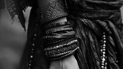 close-up of a woman's wrist wrapped in layers of leather bracelets - obrazy, fototapety, plakaty