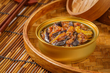 Special Chinese fast food minced pork and eggplant on simple background