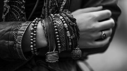 close-up of a woman's wrist wrapped in layers of leather bracelets - obrazy, fototapety, plakaty