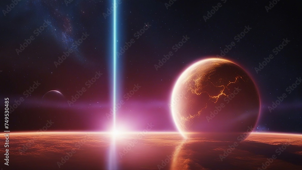 Wall mural planet in space _a space view of the earth and a neon space background, with a falling meteor in the