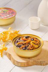 Special Chinese fast food minced pork and eggplant on simple background