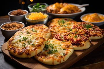 Pita pizzas with assorted toppings and condiments on a dark table - obrazy, fototapety, plakaty