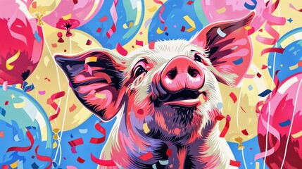 whimsical and cute design, digital illustration, pig surrounded by balloons