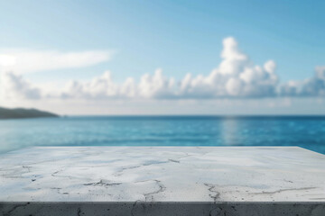 The empty concrete table top with a blurred background of ocean