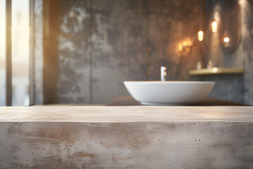 The empty concrete table top with a blurred background of a bathroom