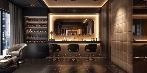 the interior of a modern beauty salon, the workplace of a make-up artist or hairdresser, luxury barbershop interior, without people, bigger windows, sunlight