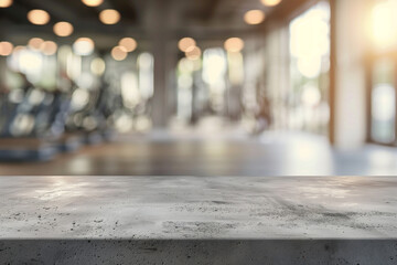 The empty concrete table top with a blurred background of a gym - obrazy, fototapety, plakaty