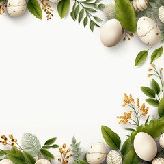 Naklejka na ściany i meble Happy Easter banner. Decorated festive eggs and green plants on white background with copy space