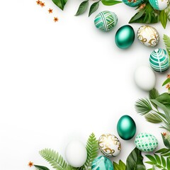 Happy Easter banner. Decorated festive eggs and green plants on white background with copy space