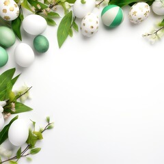 Happy Easter banner. Decorated festive eggs and green plants on white background with copy space