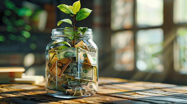 Financial Growth Concept: Money Jar with Growing Plant and Dollar Bills
