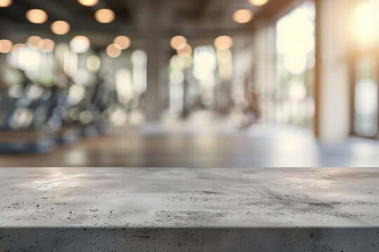The empty concrete table top with a blurred background of a gym