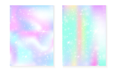 Princess background with kawaii rainbow gradient. Magic unicorn hologram. Holographic fairy set. Stylish fantasy cover. Princess background with sparkles and stars for cute girl party invitation.