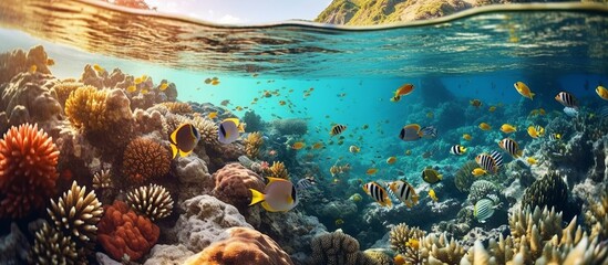 illustration of a landscape of underwater coral reefs and fish. Beautiful fish of various types. Unique, colorful modern design - obrazy, fototapety, plakaty