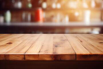 The empty wooden table top with a blurred kitchen background