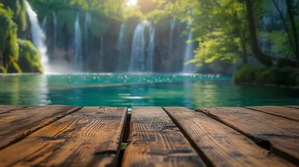  The empty wooden jetty in the foreground with a blurred background of a waterfall © Fancy Imagination
