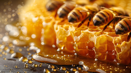 Bees gathering nectar from honey - obrazy, fototapety, plakaty
