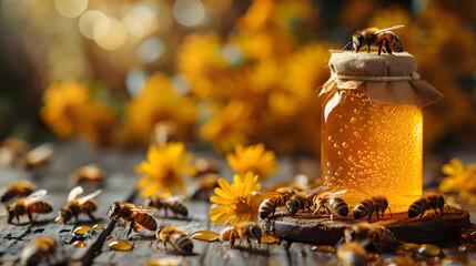 Busy bees and golden honey - obrazy, fototapety, plakaty