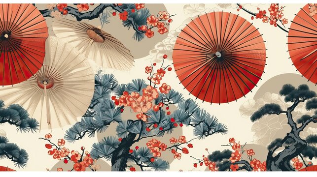 Oriental seamless pattern with japanese umbrellas and bonsai. Asian print, Chinese motifs, beautiful background