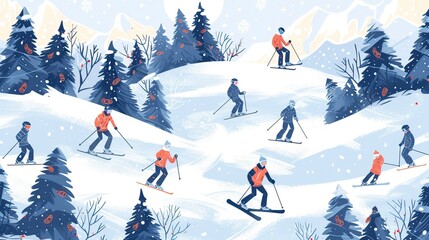 Snowboarders and skiers ride in the ski resort pattern Background