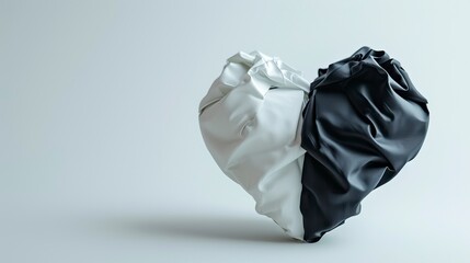 Fototapeta premium still life photo of a heart made of fabric half white and half black, on a white background