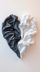 still life photo of a heart made of fabric half white and half black, on a white background
