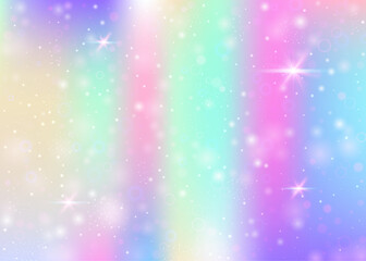 Hologram background with rainbow mesh. Girlish universe banner in princess colors. Fantasy gradient backdrop. Hologram unicorn background with fairy sparkles, stars and blurs.