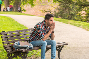 Obraz premium Businessman in depression with hands on forehead. Man thinking. Everyday stress.